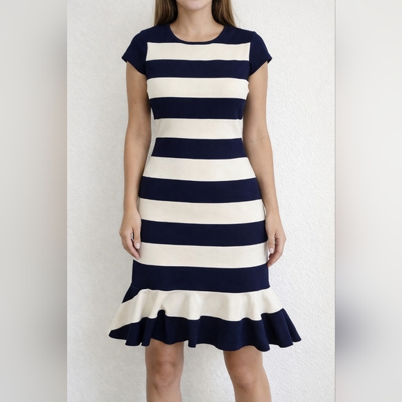 Boston Proper Dresses & Skirts - Boston Proper Sheath‎ Dress Womens 4 Navy Cream Striped Flounce Hem Cap Sleeve